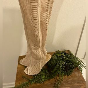 Tan Thigh high, Peep Toe Boot with Gold Heel